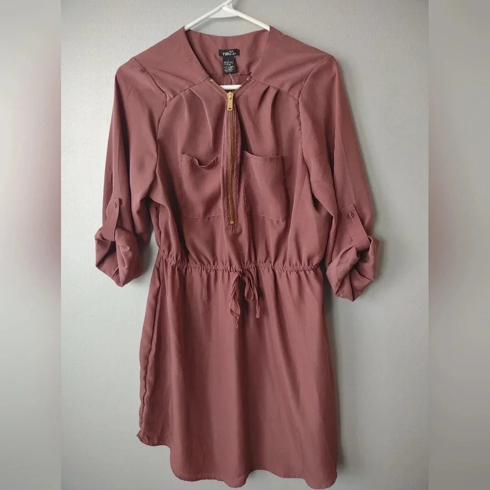 Rue 21 lightweight brown dress size Large, pockets, mini length Y2K, cowgirl - Picture 1 of 5